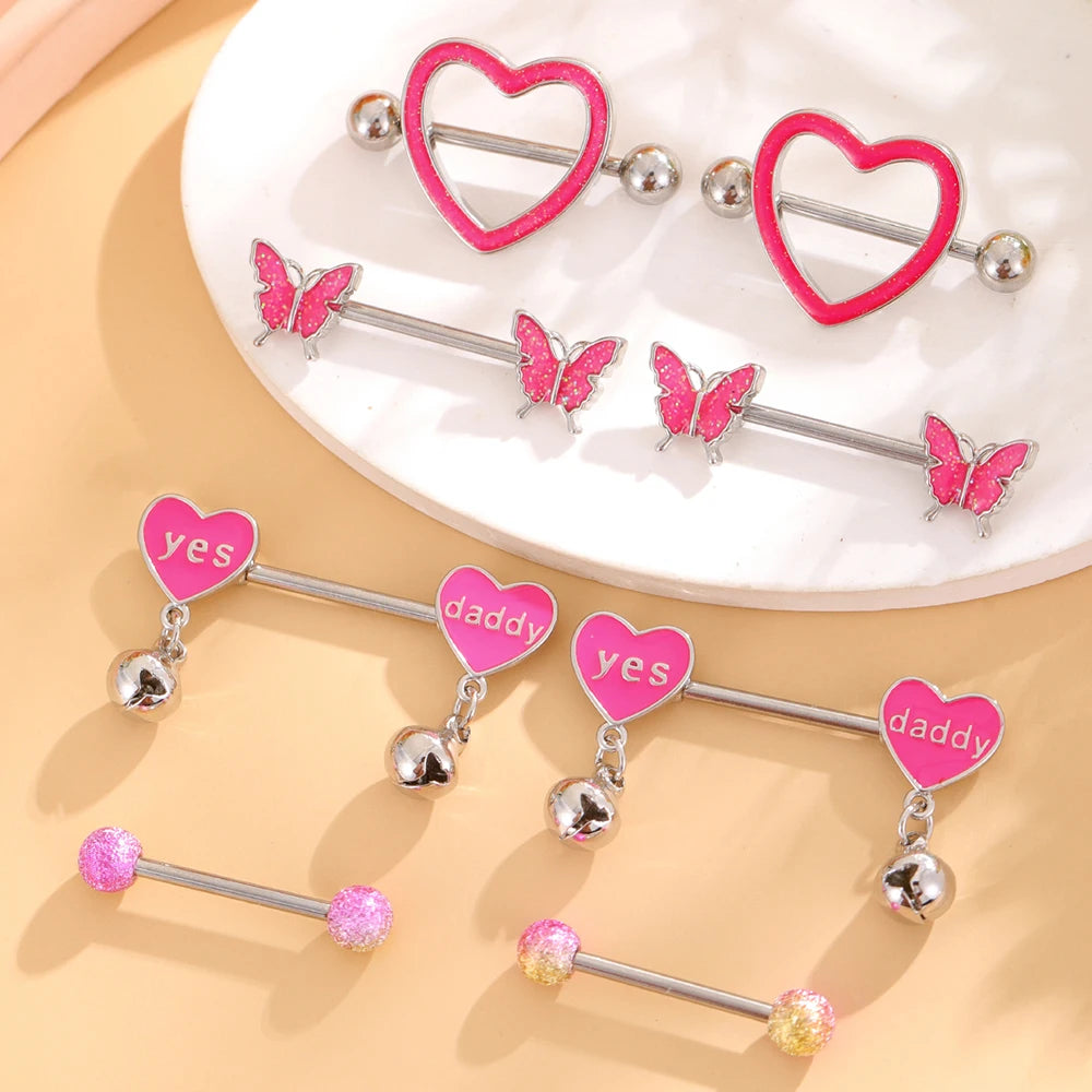 4-Pair Set Personalized Pink Oiled Heart-Shaped Bell Stainless Steel Nipple Rings Wedding Chest Piercing Jewelry Gift for Women