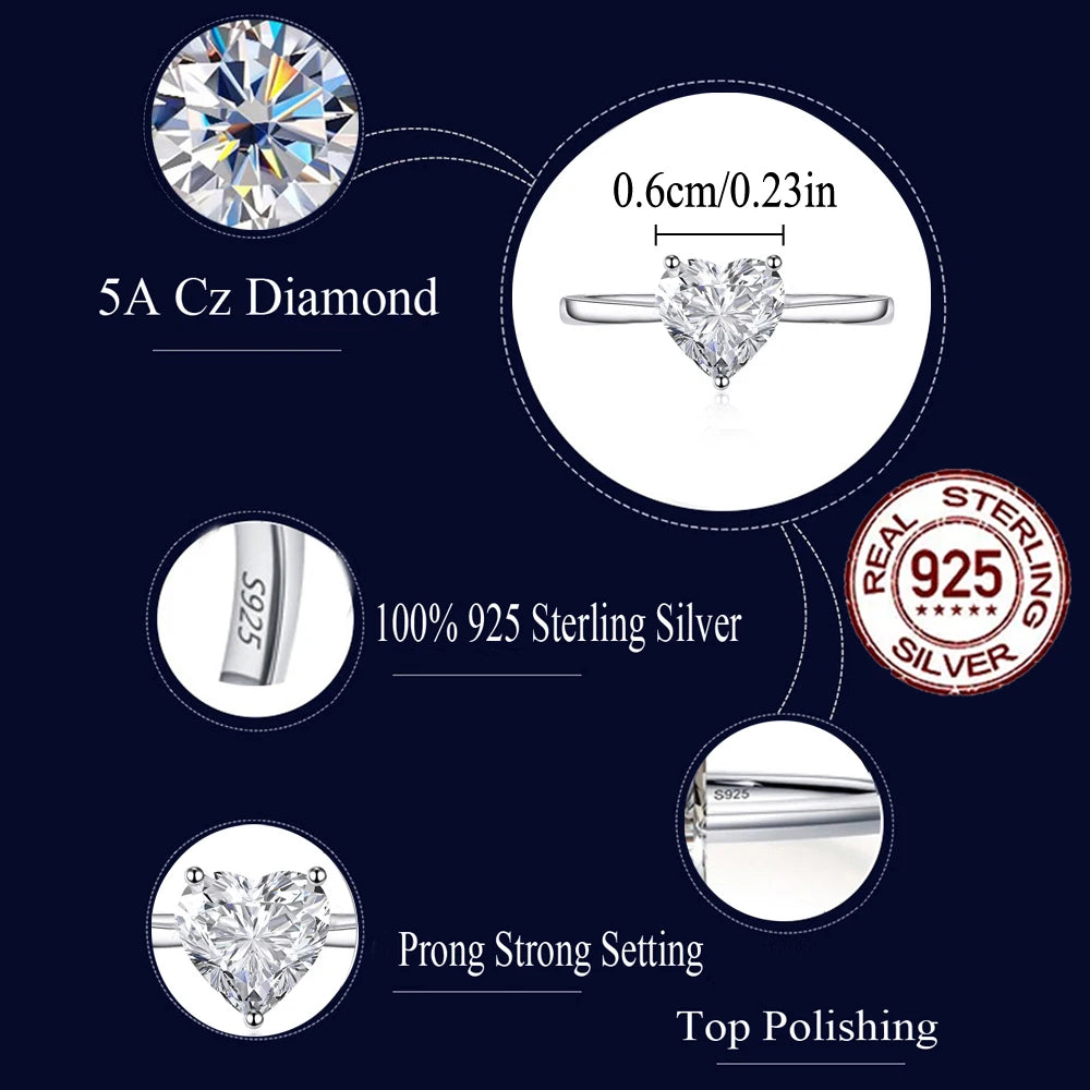 Beautiful Fashion Women Jewelry 925 Sterling Silver Single Stone Women Heart Shape Rings for Lady Valentine's Birthday Gifts