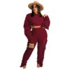 2025 Fall Winter Plus Size Women Clothing Long Sleeve Crop Top Two Piece Pants Set Drawstring Tassel Fringe Pants 2 Piece Set