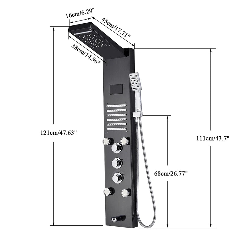LED Light Shower Panel Faucet Waterfall Rain Shower Head SPA Massage Jets Shower Column Tower Digital Water Temperature Display