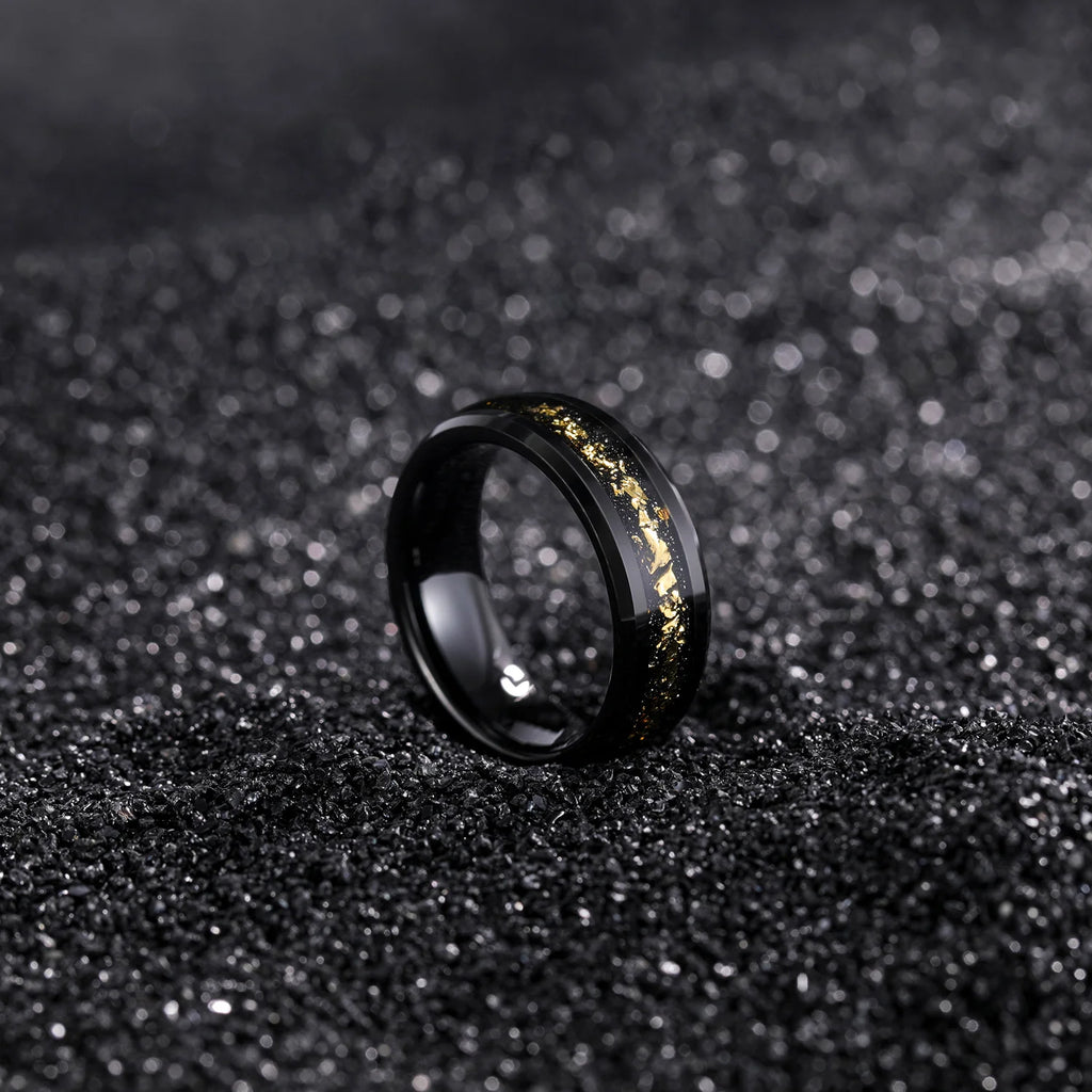 OAHLAN 8mm Beveled Edge Tungsten Carbide Rings for Men Women Black and Gold Foils Inlay Wedding Engagement Gift Fashion Jewelry