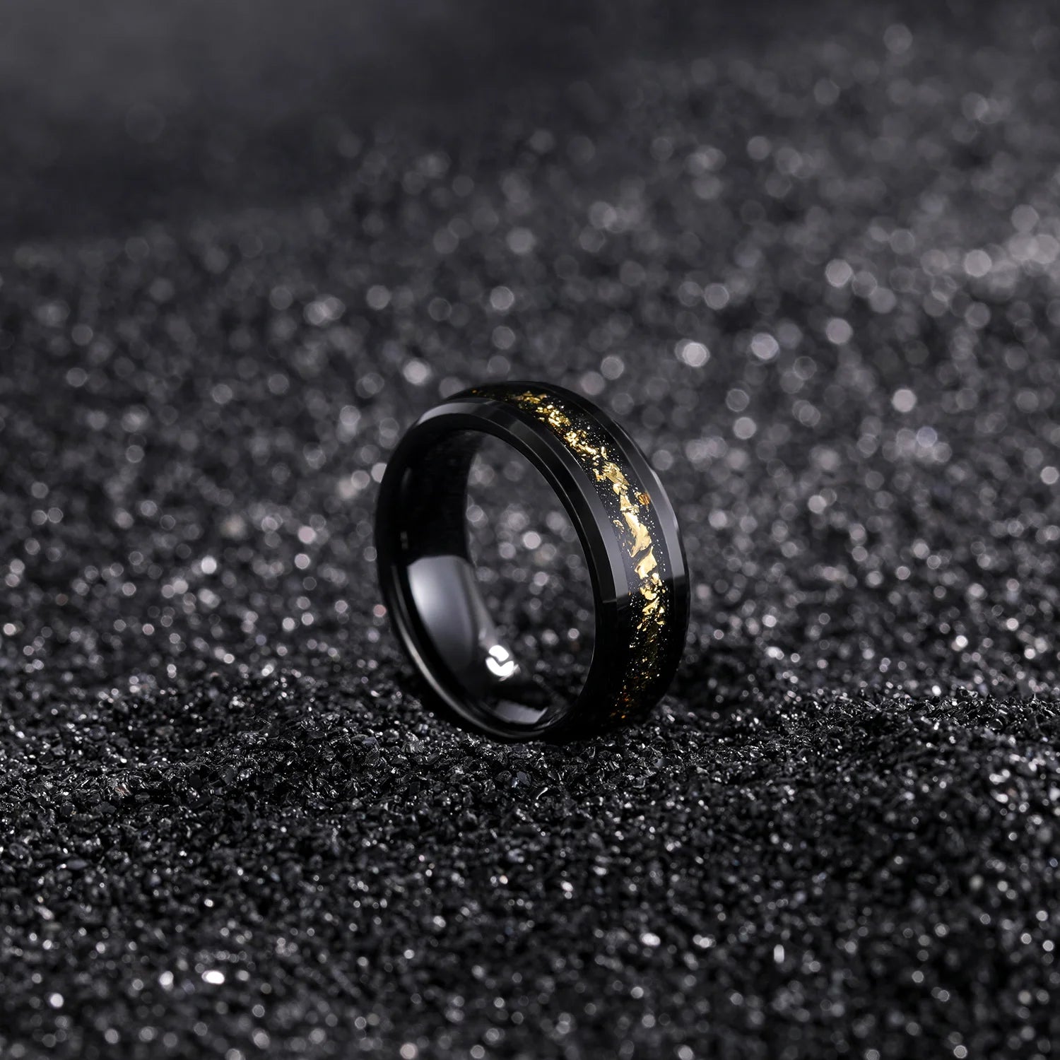 OAHLAN 8mm Beveled Edge Tungsten Carbide Rings for Men Women Black and Gold Foils Inlay Wedding Engagement Gift Fashion Jewelry