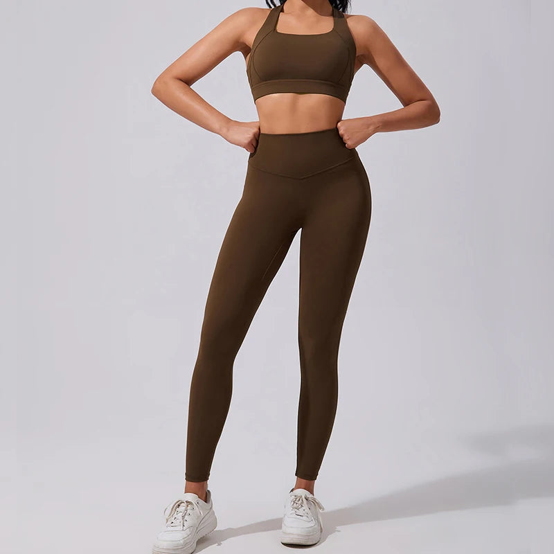 Workout Yoga 2-Piece Set Solid Eco-Friendly Spandex/Nylon Quick Dry Sports Bra High-Waisted Tummy Control Leggings for Women Gym