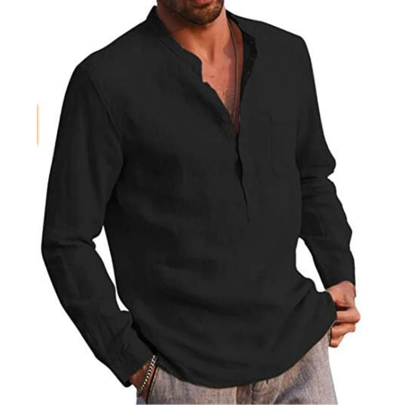 Men's Cotton Linen Casual Long Sleeve T-Shirt Plus Size Stand Collar Streetwear for Autumn Vacation & Fishing Pocket Detail