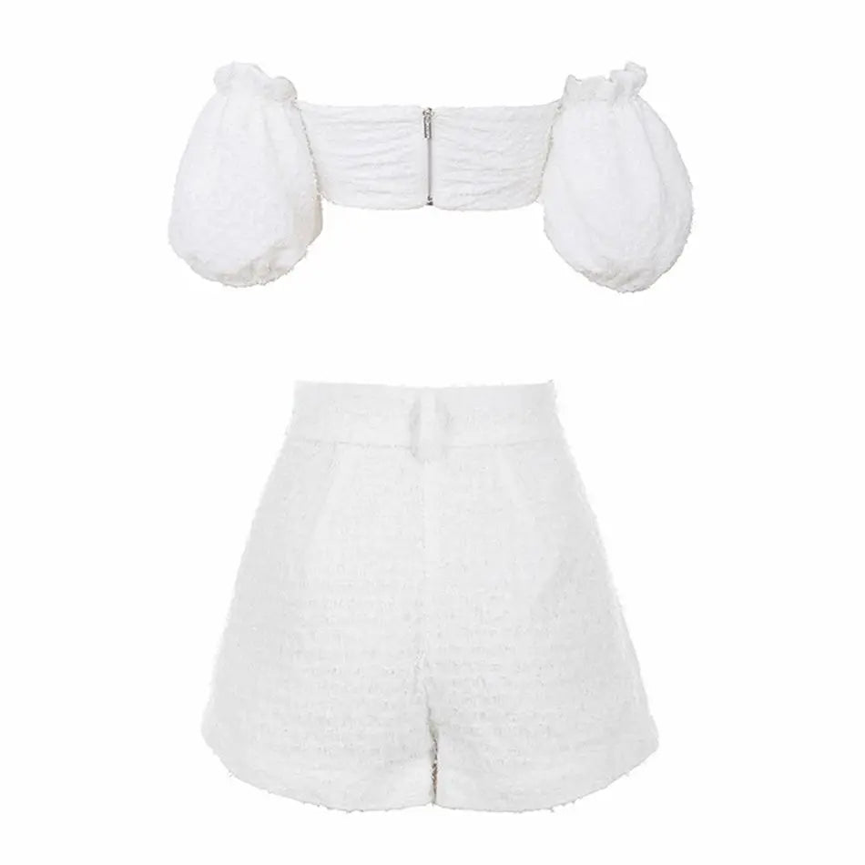 Two Piece Set Women Off Shoulder Puff Sleeve Short Crop Top High Waist Wide Shorts Tracksuit Sexy Conjunto Femenino 2 Piece Set