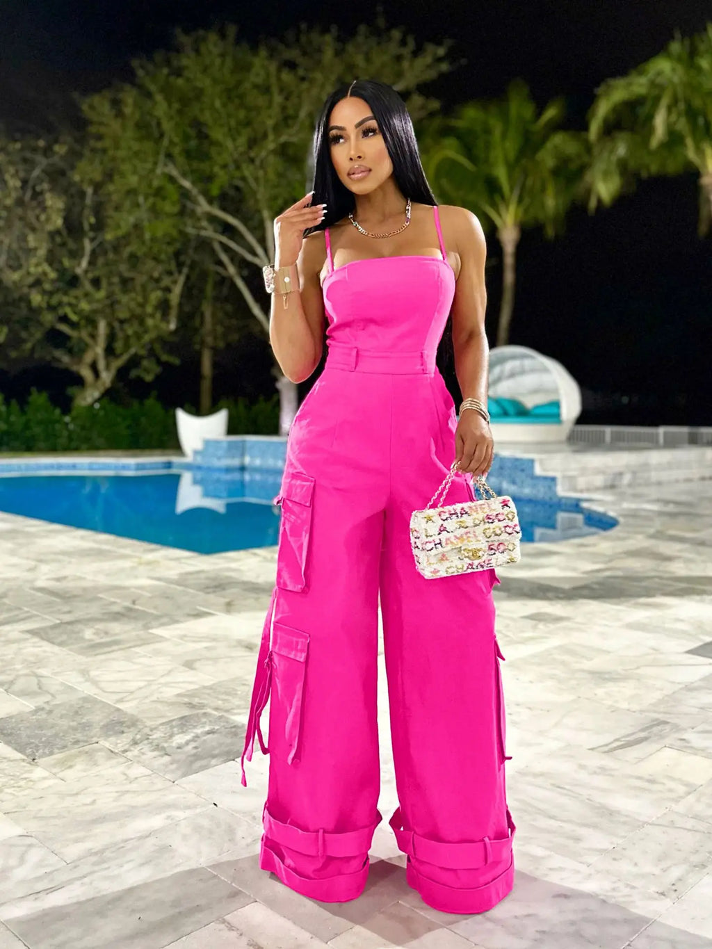Women's Summer Sleeveless Jumpsuit with Wide Leg Multi-Pocket Strap Wrap Chest Design Breathable Casual Style for Parties