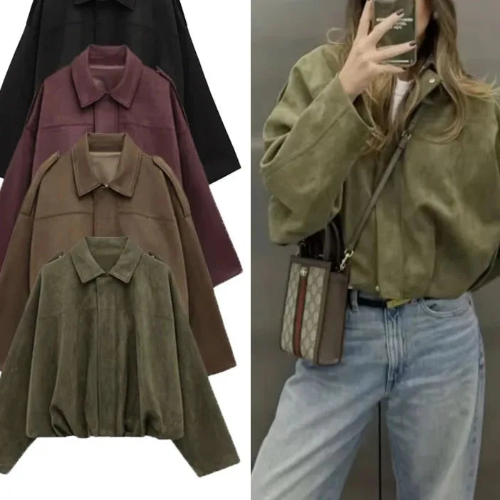 Women 2025 High Street Cropped Racing Jackets Coats Outerwears Lapel Long Sleeve Zipper Suede Jacket Women's Bomber Jacket