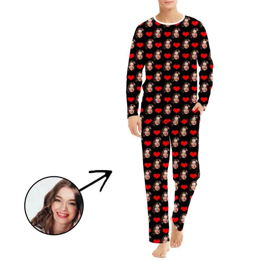 Custom Long Pants Pajamas Set With Photo Men Personalized Lounge Set Funny Face Printed Sleepwear Soft Gift