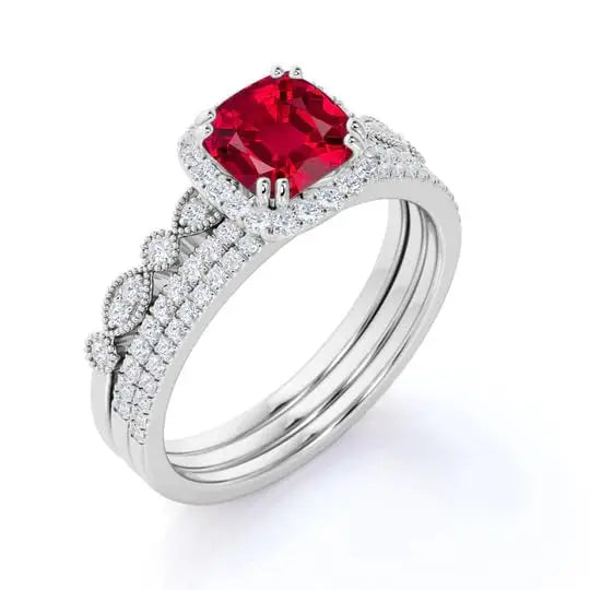 14K Gold 925 Sterling Silver Lab Created Ruby Cushion Cut Classic Engagement Wedding Ring Diamond Halo Gemstone 1.50 Carat