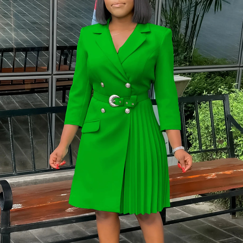 D3284 Custom Ladies Office Dresses Women Casual Long Sleeve V-neck Pleated Women Dresses for Office Work Formal Suit Dress