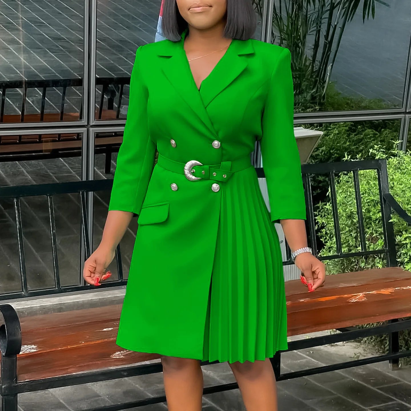 D3284 Custom Ladies Office Dresses Women Casual Long Sleeve V-neck Pleated Women Dresses for Office Work Formal Suit Dress
