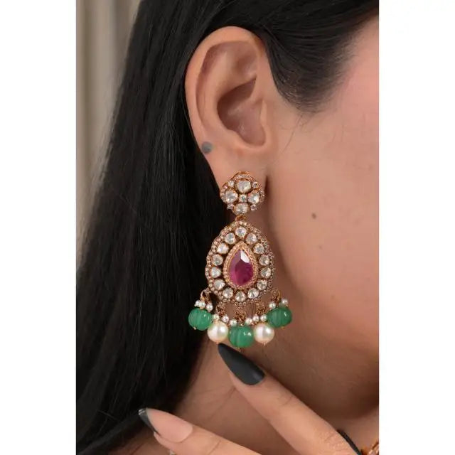 Green White Pearls Red Gemstone Bulk Wholesale Bohemian Gold Plated Fashion Jewelry Girls Indian Kundan 925 Sterling Silver Gift