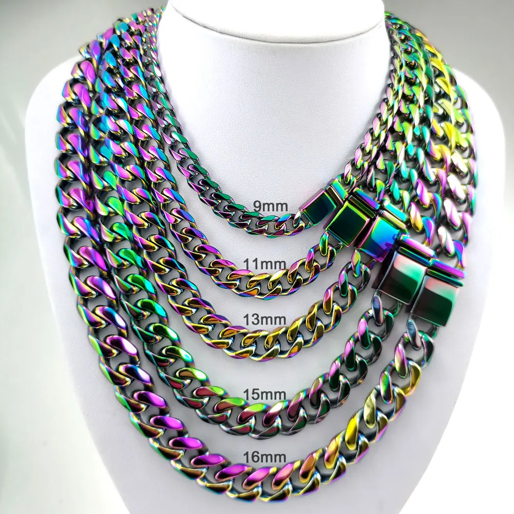 Nice Rainbow color  Mens Womens Cuban Link necklace Hip Hop Stainless Steel Chain Curb  9-16mm band width;18inch-30inch