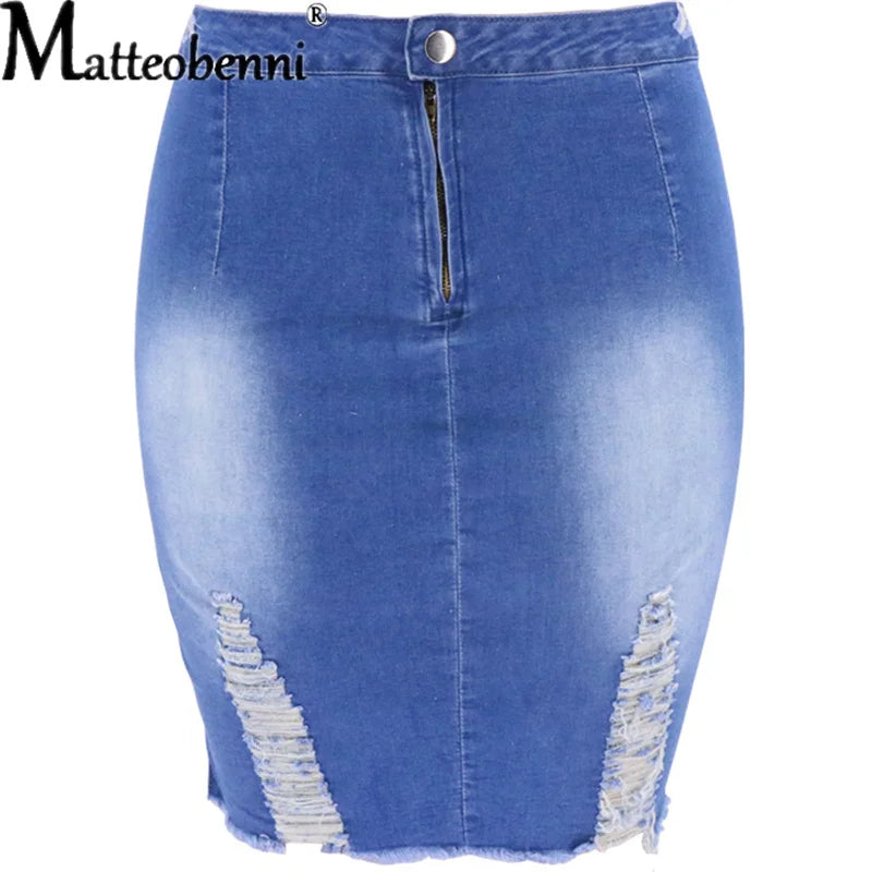 New Summer Sexy Ripped Denim Skirt Women Fashion Hollow Out Casual Hole Tassel Mini Skirt Irregular Basic Pocket Jeans Skirt