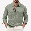 Spring Summer New European and American Men's Solid Color Shirt Multi-pocket Casual Long-sleeved Shirt