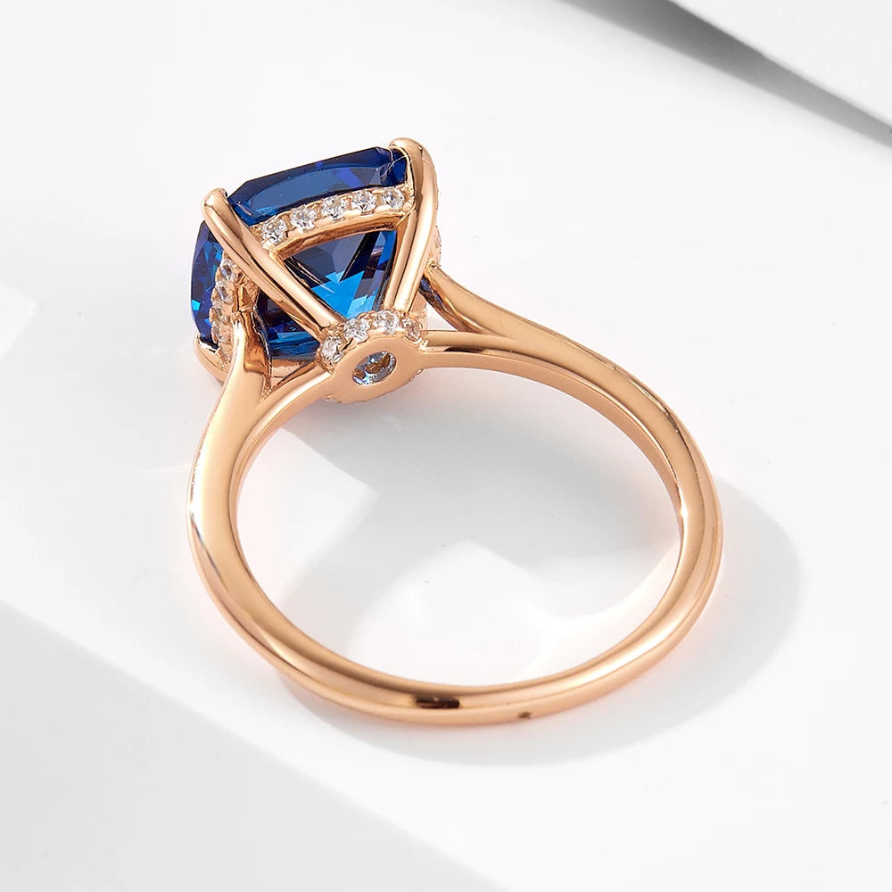 Luxury High Quality Silver Ring 925 Sterling Jewelry Rose Gold Plated Cushion Sapphire Blue Zircon Gemstone Rings Jewelry Women