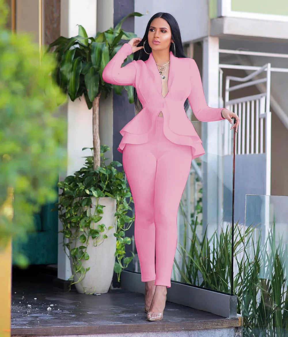 New 2025 Women Long Sleeve Solid Ruffles Design Top & Skinny Pencil Pant Sets Two Piece Set Women Outfits