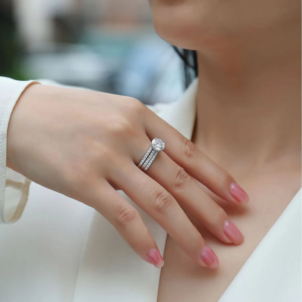 Fine Jewelry S925 Sterling Silver White Gold Plated 3 Pcs Stackly Rings Set Claw Setting Round Cut 2CT VVS GRA Moissanite Rings