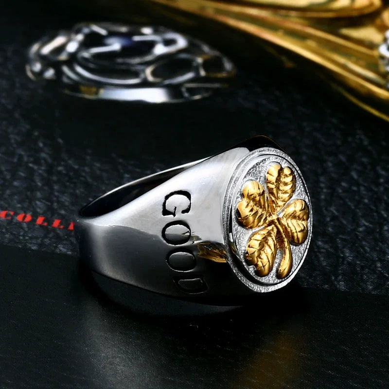 OAHLAN Trendy Lucky Four Leaf Clover Inlay Silver/Gold Plated Stainless Steel Rings for Men Engagement & Anniversary