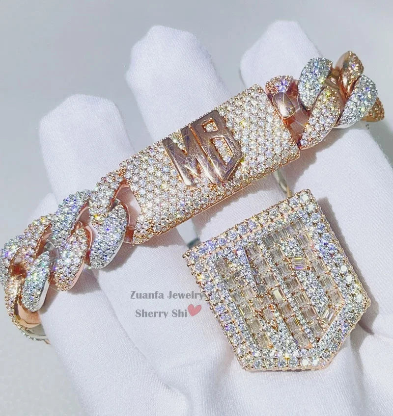Rapper Jewelry Hip Hop Sterling Silver 15MM Iced Out VVS Moissanite Diamond Cuban Bracelet With Name Clasp