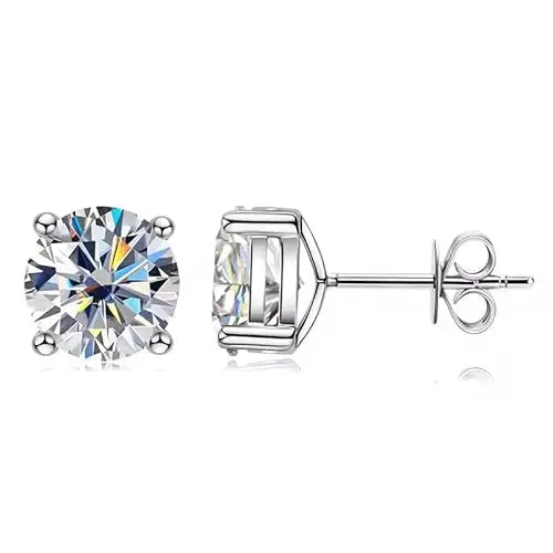 Shama Gems Jewels 925 Sterling Silver Moissanite Brilliant Cut Stud Earrings White Gold Plated 2 Gram Classic Minimalist Wedding