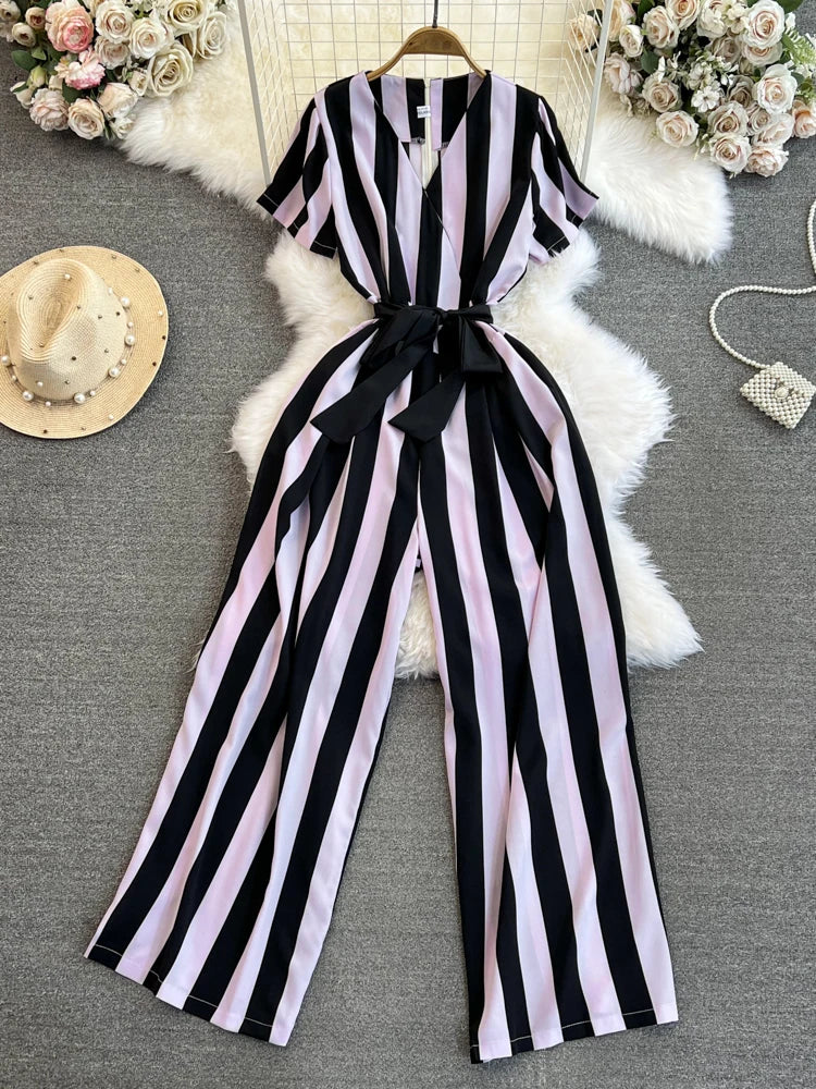 Wholesale 2026 Spring Temperament Short Sleeved V-neck Striped Casual High Waist Slim Straight Women's Jumpsuit