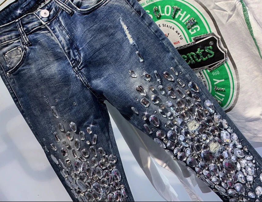 fashion Vintage Women Luxury Embroidered Flares Diamond Denim Jeans Women Beaded Skinny Pencil