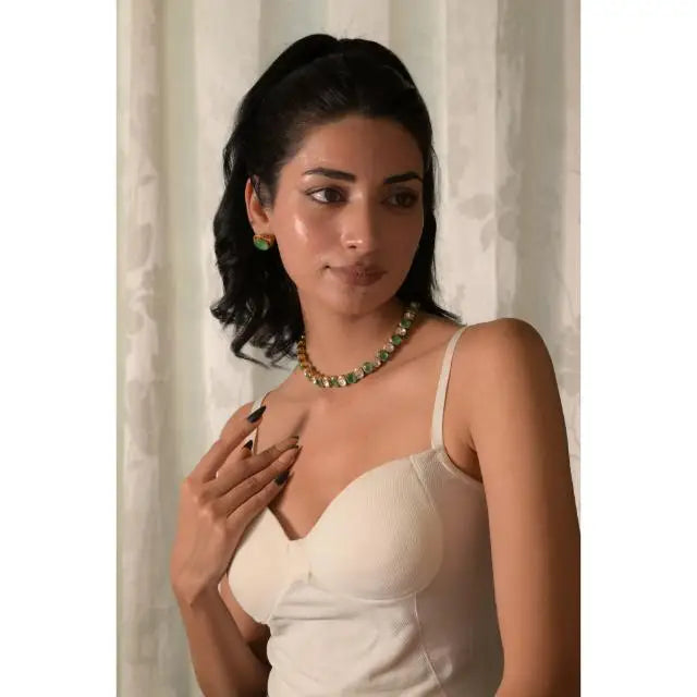 Green Trendy New Fashion Indian Bollywood Traditional Crystal Wedding Choker Brass Necklace Copper Alloy Bridal Jewellery Set
