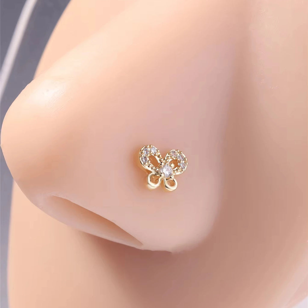 L Shaped Nose Studs Rings Butterfly Design for Women Girl Gold Silver Cute CZ Nose Pin 20G Nose Piercing Jewelry Wholesale