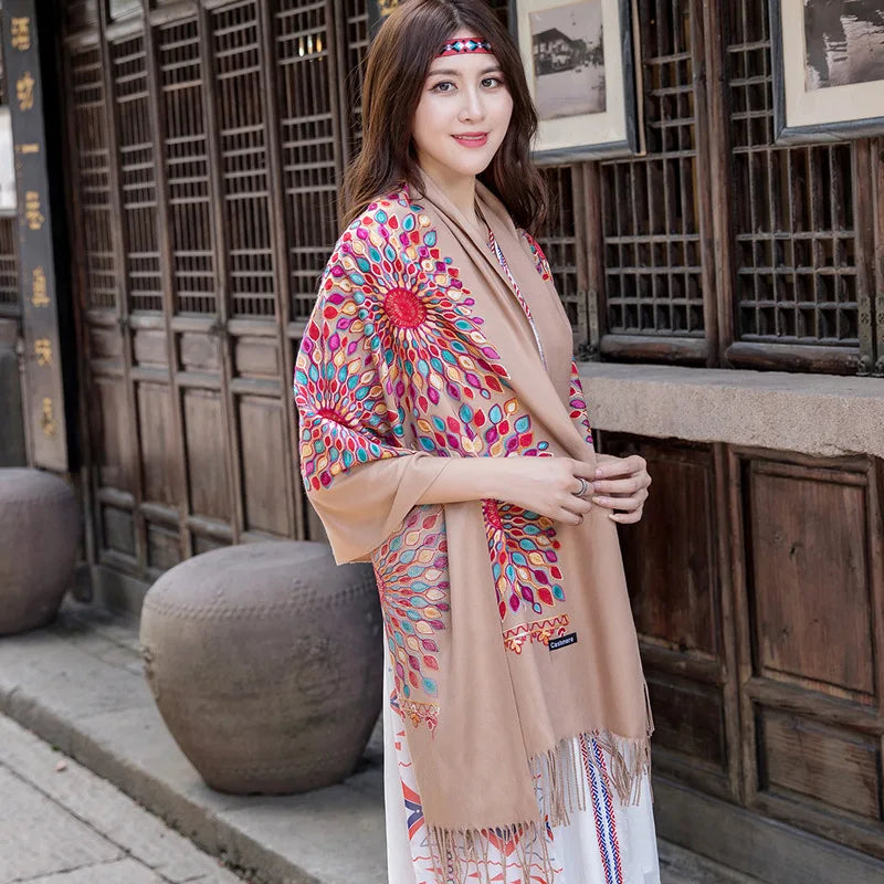 Wholesale JiYun 2025 Ladies Winter Scarf Shawl Floral Tassel Embroidery Soft Heavy Cashmere Feel-Hot Sale Winter Accessory