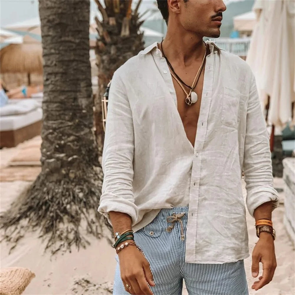 2026 Men Casual Cotton Linen ShirtsStanding Collar Male Solid Color Long Sleeves Loose Tops Spring Autumn Handsome Men's Shirts
