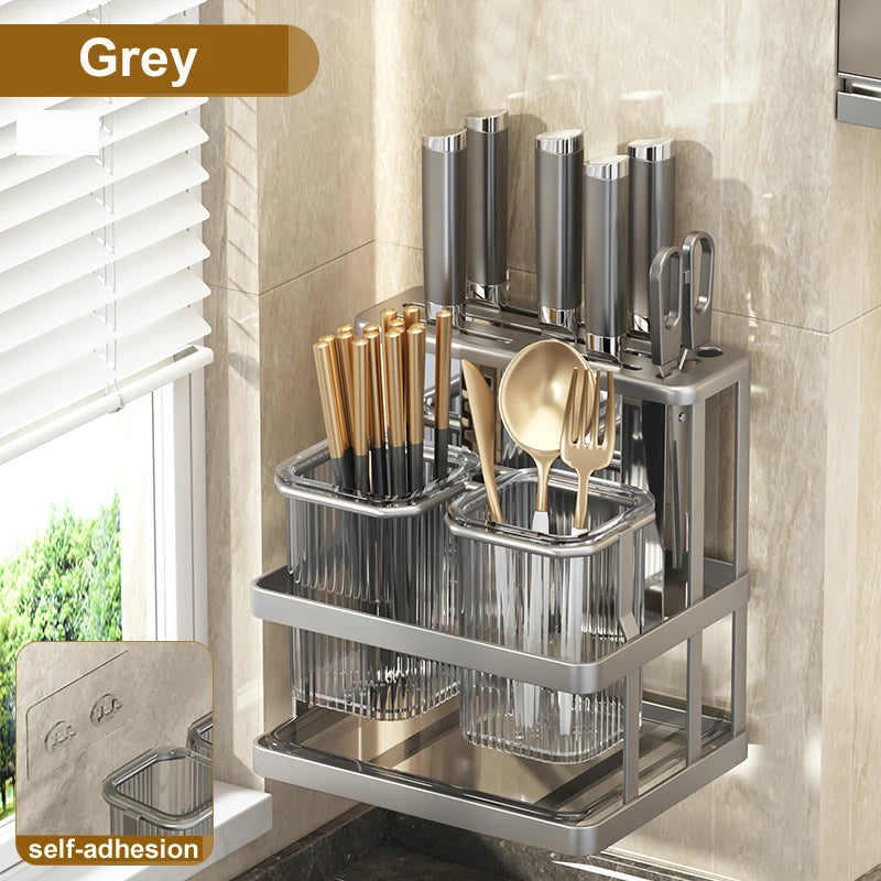Wall Mounted Kitchen Cutlery Organizer Knife Spoon Fork Chopstick Drain Rack Drainer Utensil Kitchen Storage Punching Free NEW