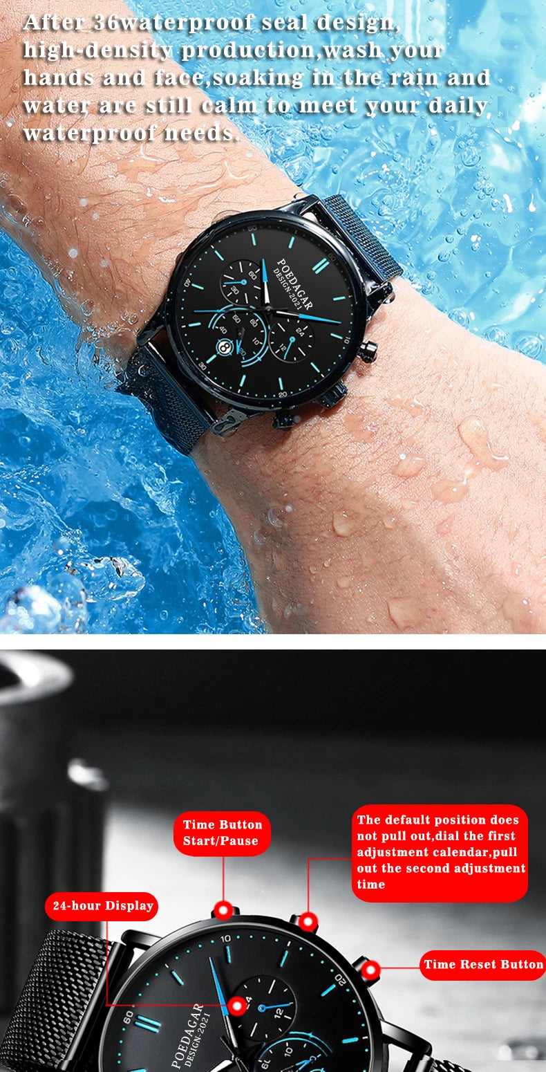 POEDAGAR Men Watch Fashion Chronograph Slim Stainless Steel Mesh Quartz Men's Wristwatch Waterproof Luminous Date Sport Watch
