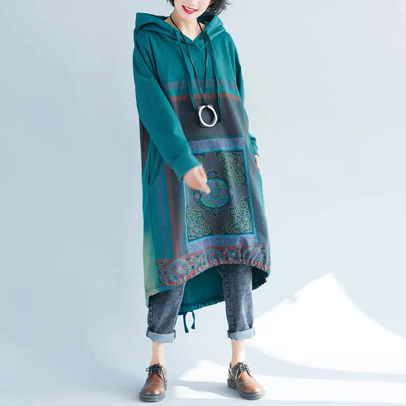 Plus Size Women's Winter Hoodie Sweatshirt Dress Drop-Shoulder Sleeves Oversized Print Pocket Trendy Hooded Pullover