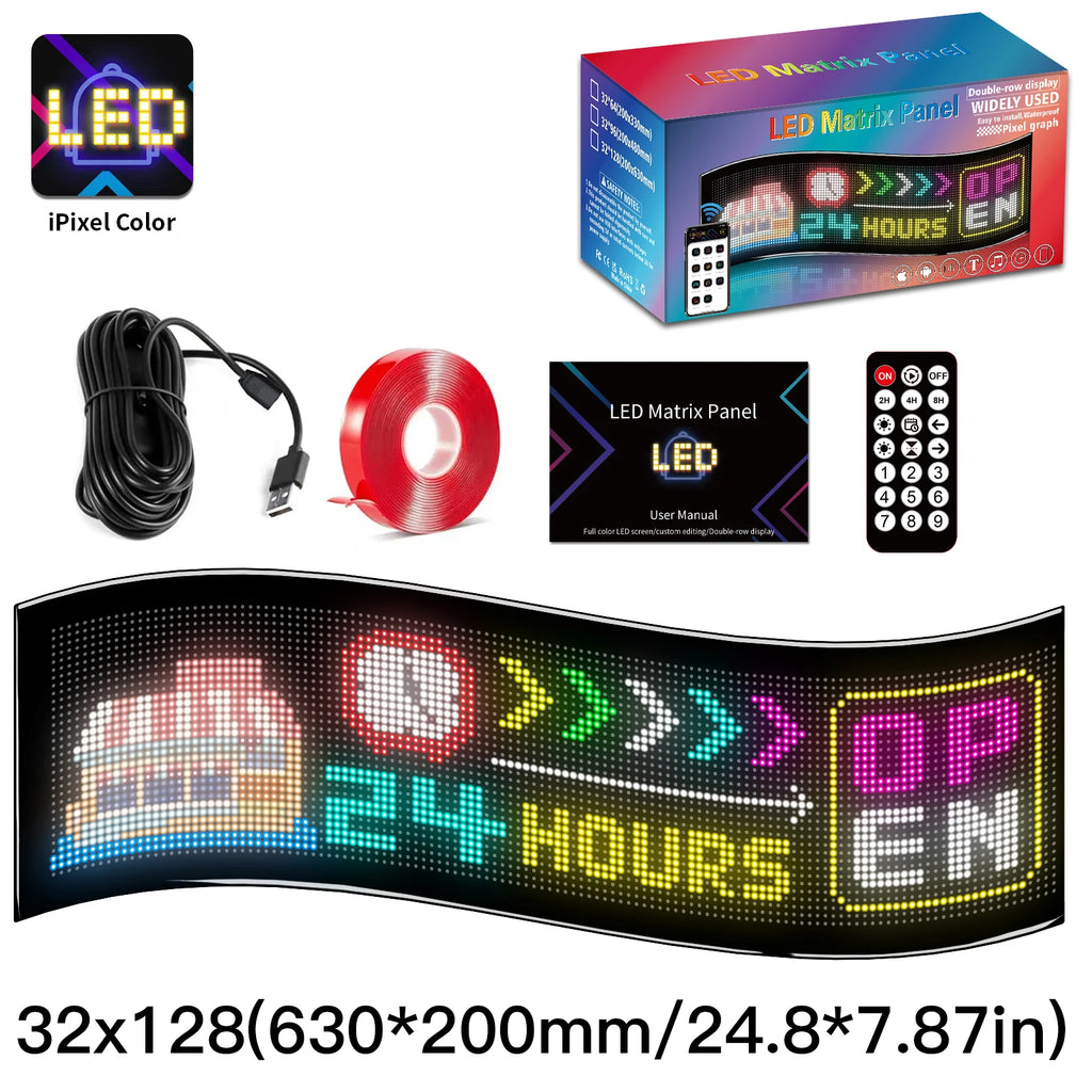 BGZM 32x128 Flexible Matrix LED Screen 12V Android APP-Controlled Universal Fit Car Front Text Advertising Display New 2-Year
