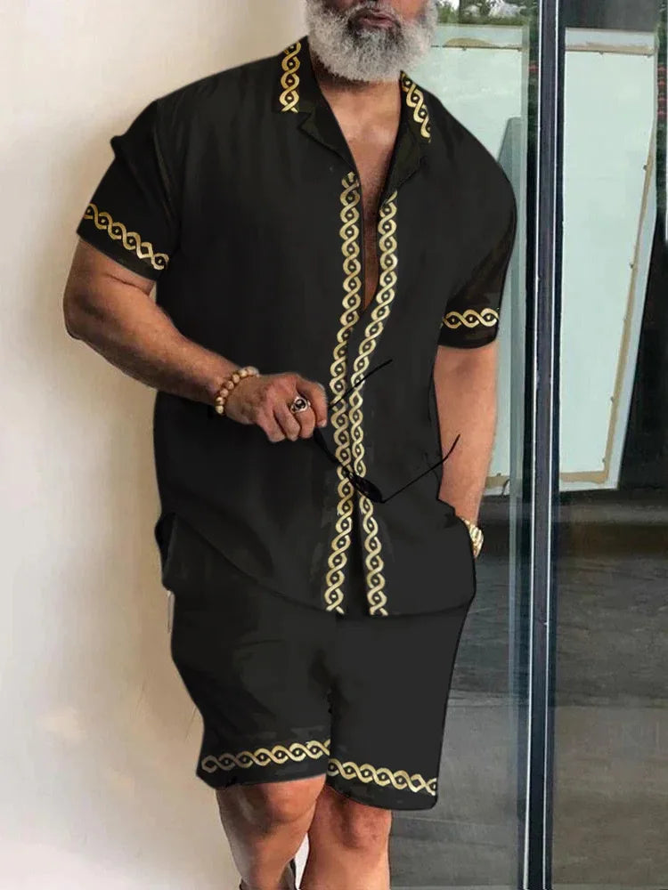 New Men Sets Print Patchwork Lapel Short Sleeve Casual Shirt Beach Shorts Summer Men Streetwear Vacation Hawaiian Suits