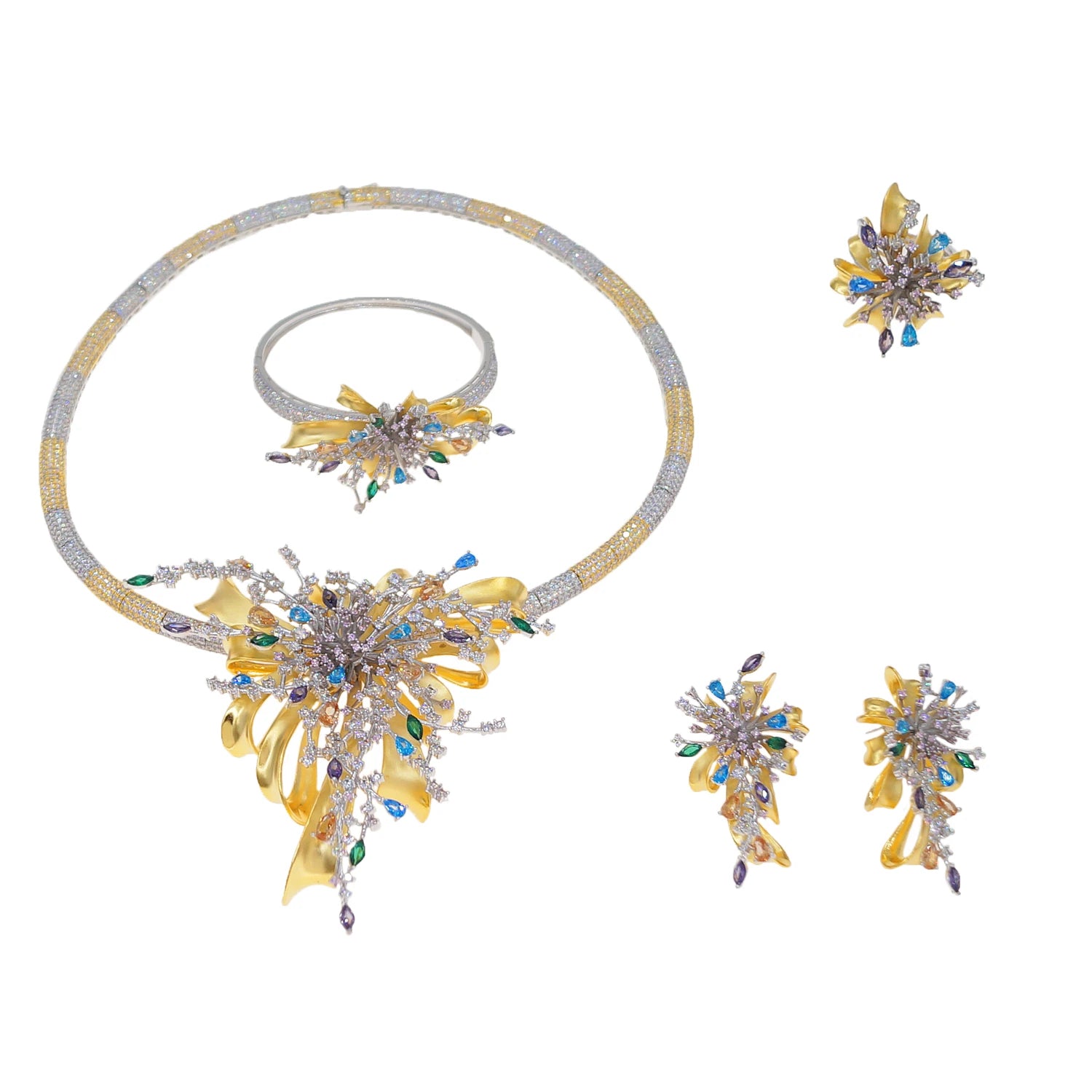 Yulaili Simple Two Tone American Colorful Zirconia Jewelry Set Charm Necklace Bracelet Earrings Ring Four Pieces Set for Wedding
