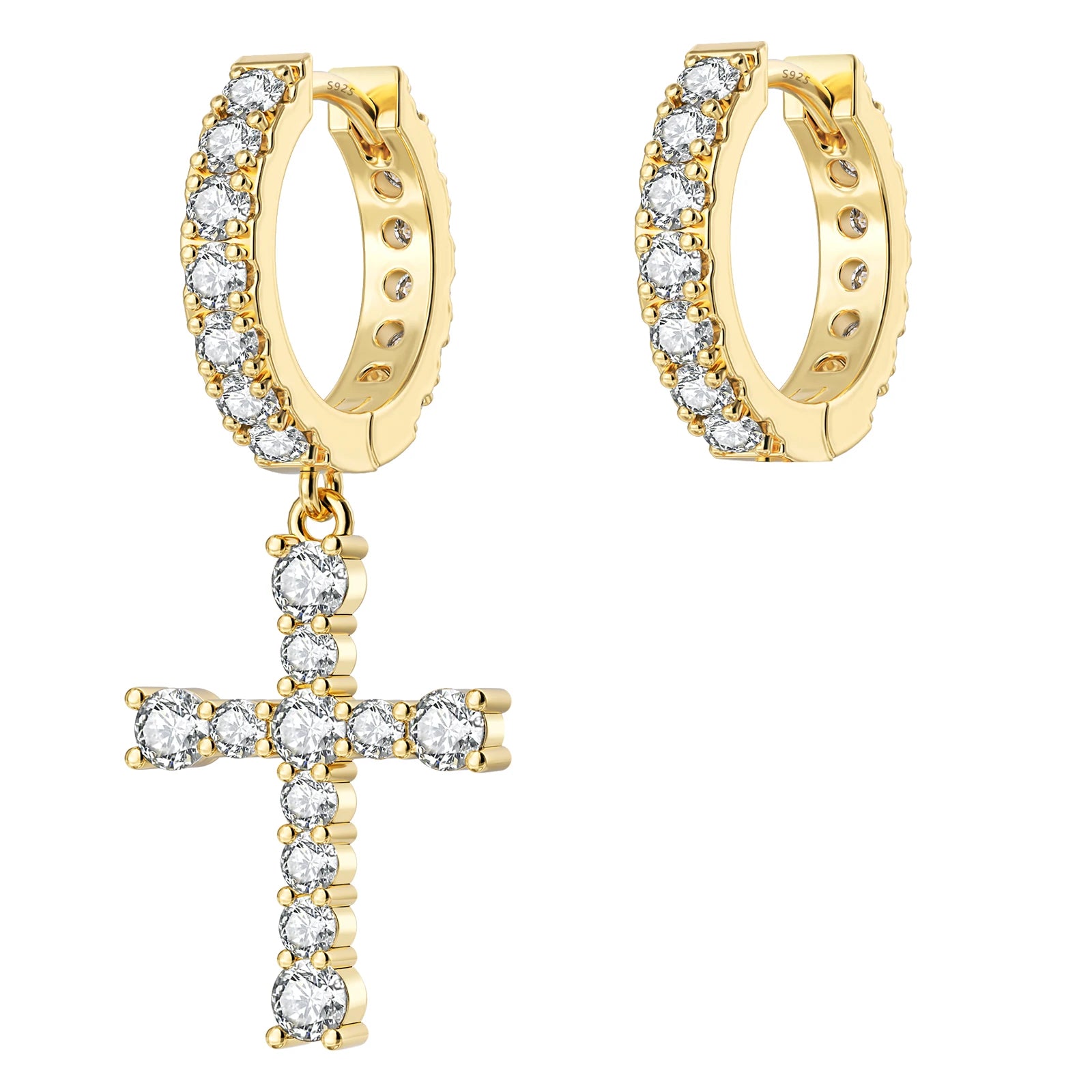 14K Gold Plated Dangle Cross Earring 925 Sterling Silver Women Men Birthday Gift CHRISTIAN 5A CZ Cubic Zirconia Hoop Earring