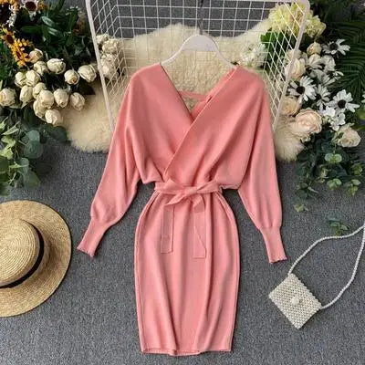 Autumn Winter Women Knitted Sweater Dress Korean Long Batwing Sleeve V Neck Elegant Dress Ladies Bandage Dresses