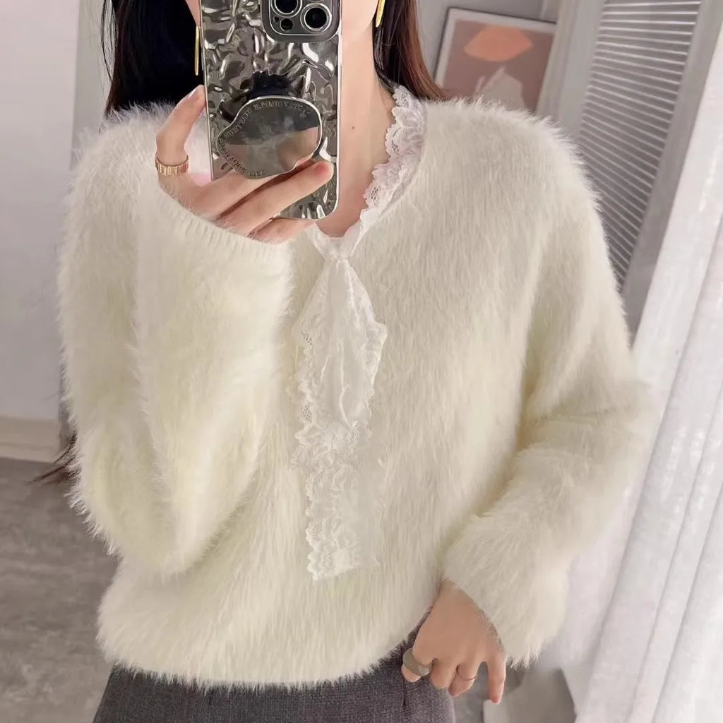 Ladies Casual V Neck Long Sleeve Mohair Lace Sweater Front Logo Patchwork Design Loose Fit