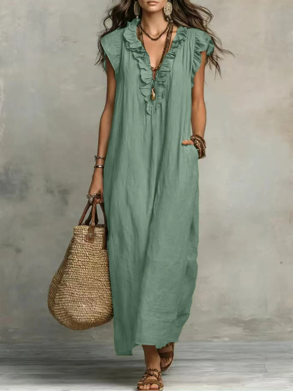 Bohemian Style Ruffle Trim Maxi Dress Women Casual Loose Summer Linen Dress