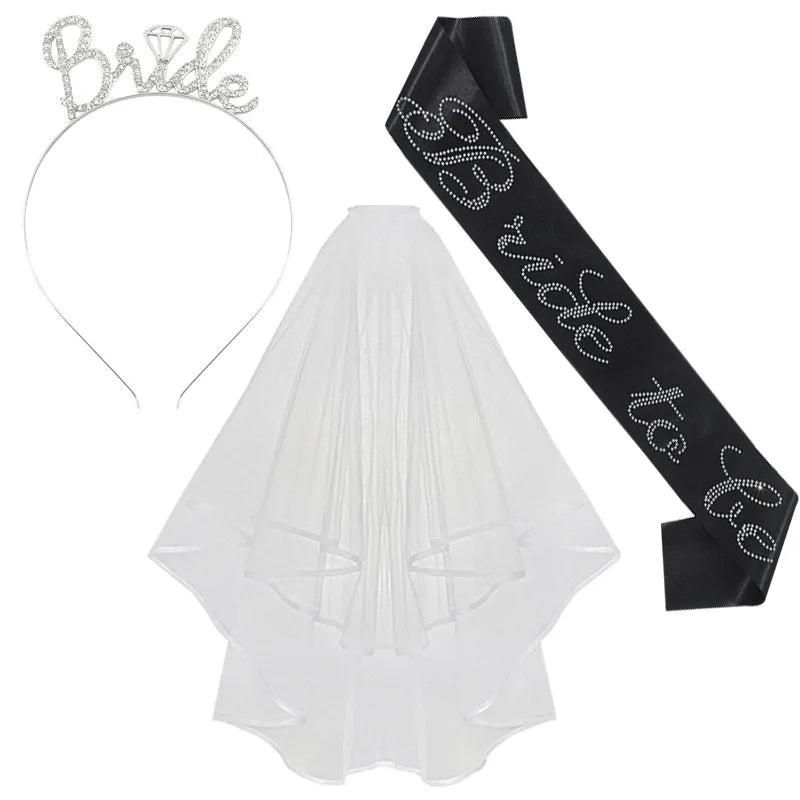 3-piece Set Bride to Be Crown Headband Shoulder Strap Wedding Veil Set for Bridal Shower WB007