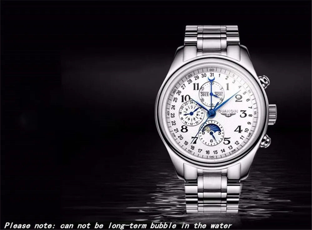 GUANQIN Leather Steel Mechanical Sapphire Men Watches Top Brand Luxury Waterproof Automatic Wristwatch Calendar Moon Phase