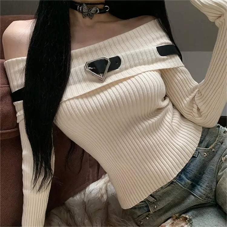 Boutique Wholesale 2026 Autumn New Fashion One Shoulder Short Long Sleeved Knitted Women's Sweater