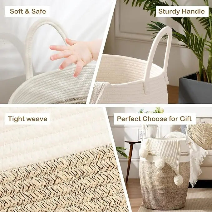 OIAHOMY Laundry Hamper Woven Cotton Rope Large Clothes Hamper 25.6" Height Tall Laundry Basket