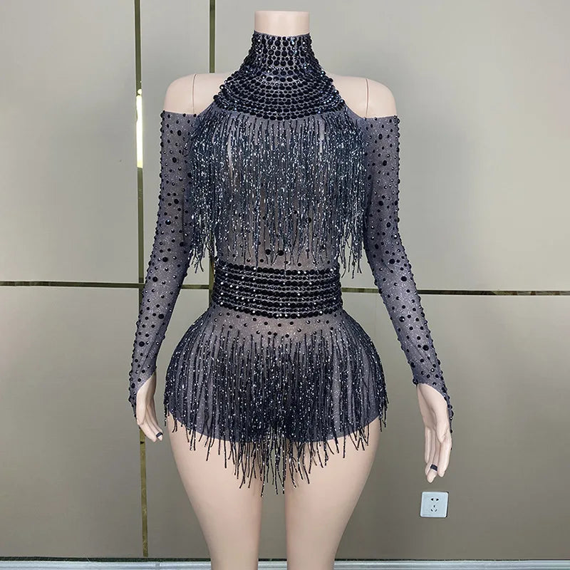 Latin Dance Costume Music Festival Disco Dancing Show Ball Evening Wear Birthday Party Banquet Dinner Rhinestone Mesh Jumpsuit