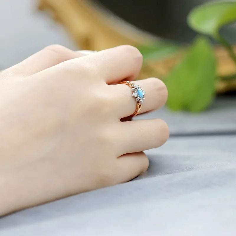 Vintage Gemstone Rings for Women Natural Opal Topaz Turquoise Ring 925 Sterling Silver Gold Plated Luxury Jewelry LAMOON