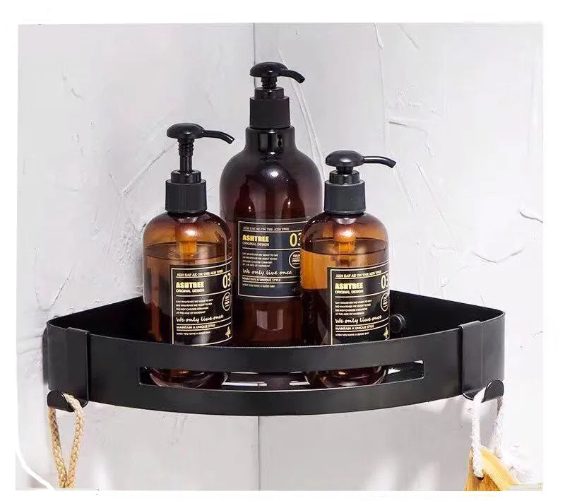 Modern SUS304 Stainless Steel Bathroom Corner Shower Shelf with Hooks, Wall Mounted Self-Adhesive Organizer Rack