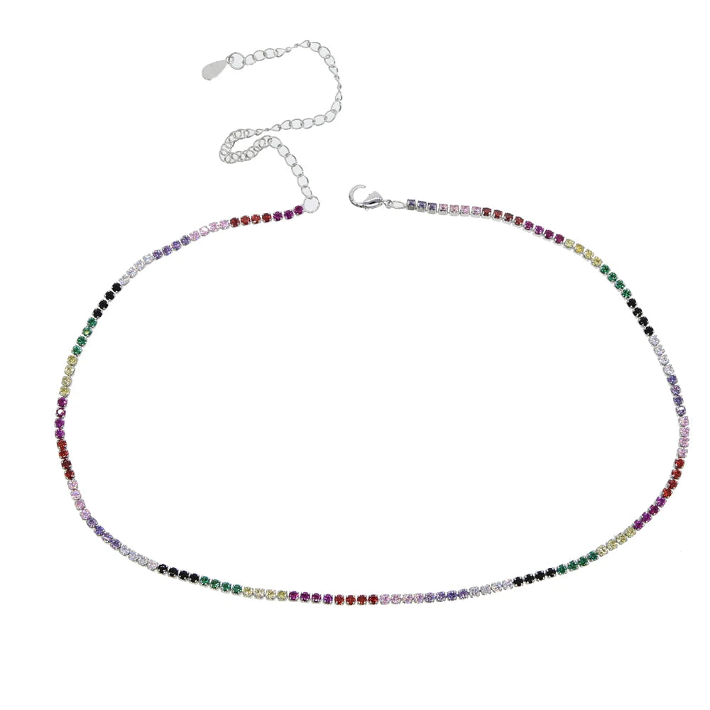 2024 New Arrived Hot Selling European Women Jewelry Choker 2mm CZ Tennis Chain rainbow Necklace for Women
