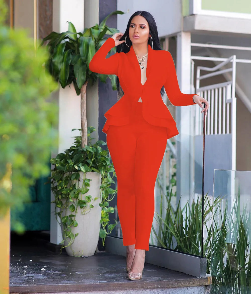 New 2025 Women Long Sleeve Solid Ruffles Design Top & Skinny Pencil Pant Sets Two Piece Set Women Outfits